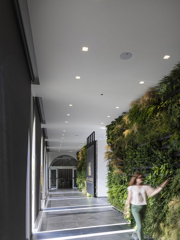 Corridoio con pareti con erba finta 