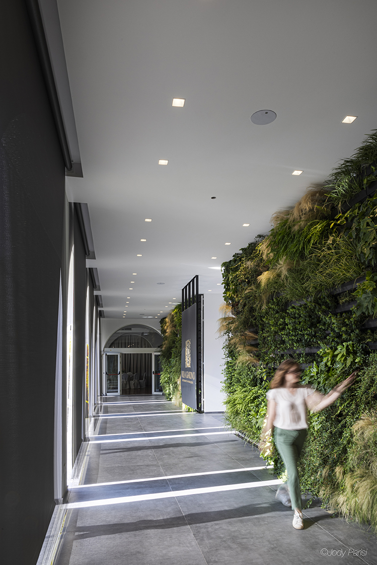 Corridoio con pareti con erba finta 