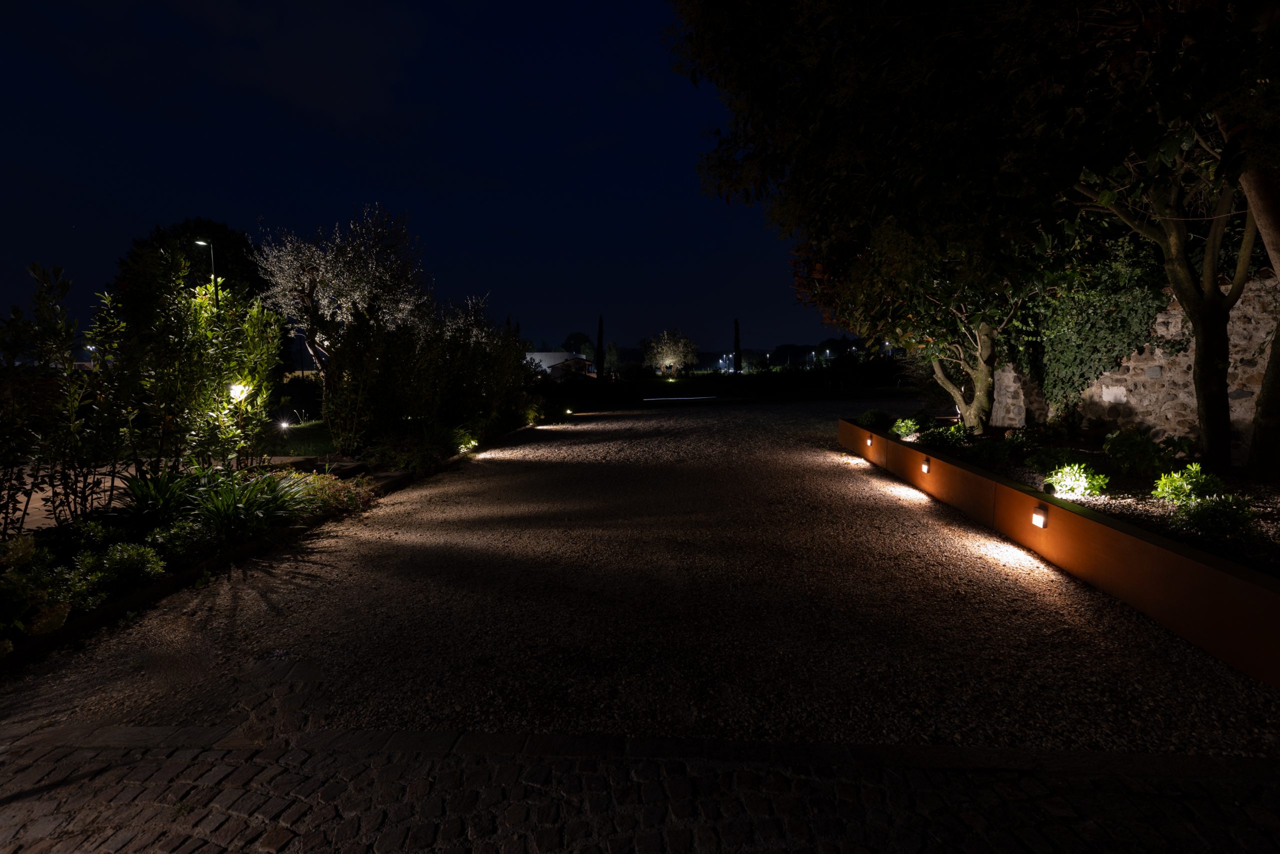 Vialetto con piante illuminato di notte da dei faretti da esterno