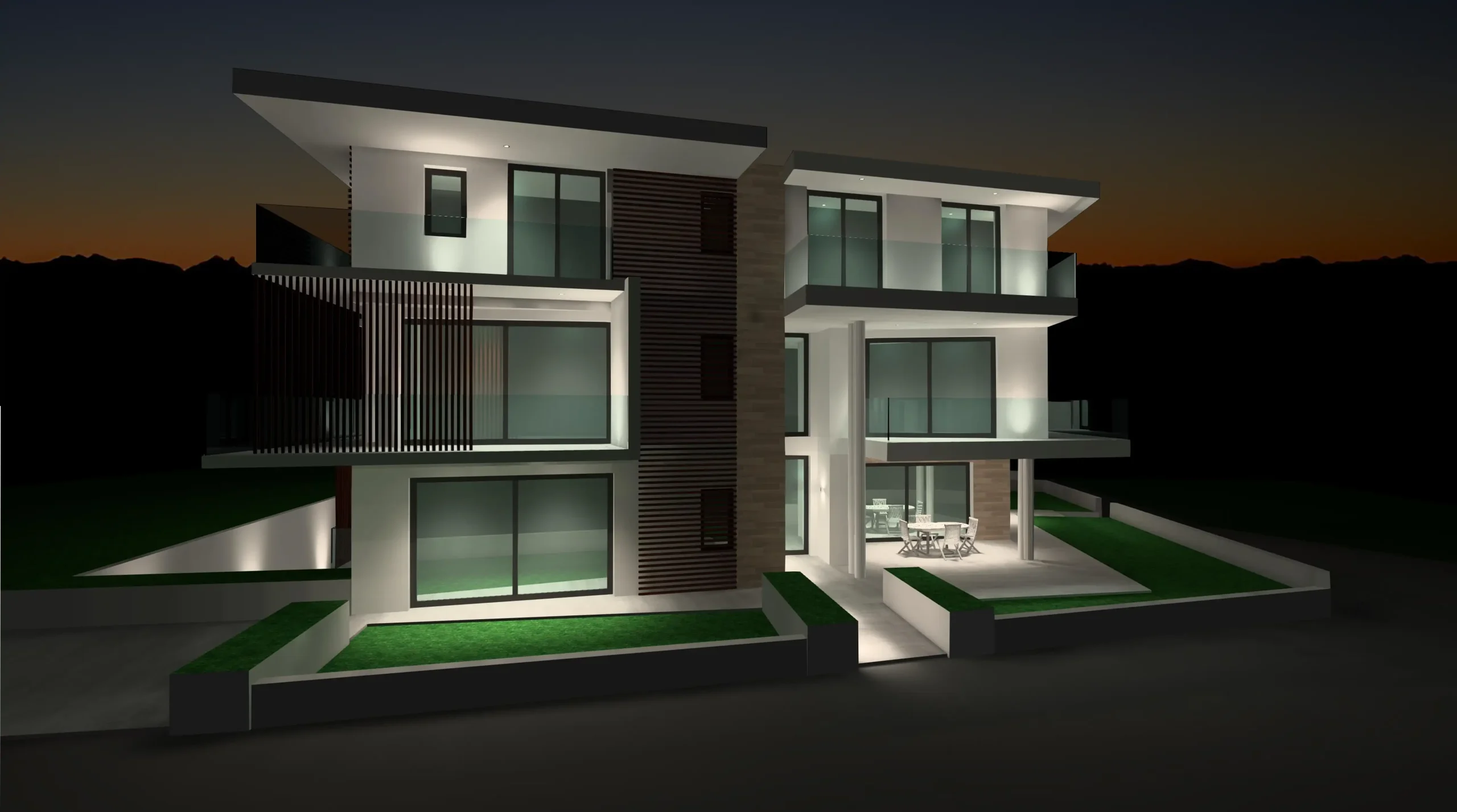 Render fotorealistico di una facciata illuminata