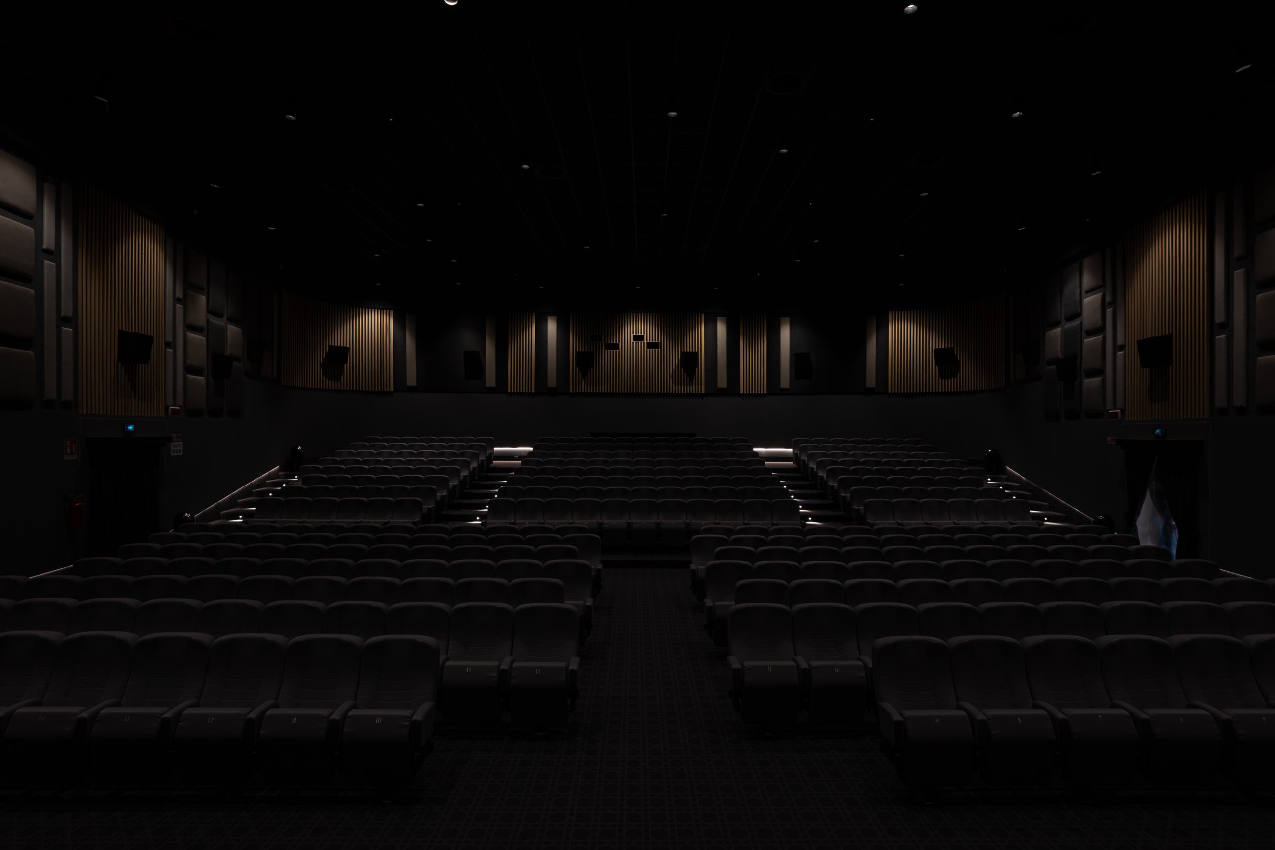 Sala cinema illuminata durante la proiezione del film.