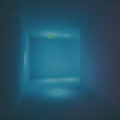 Corridoio illuminato di blu con lampada di emergenza 